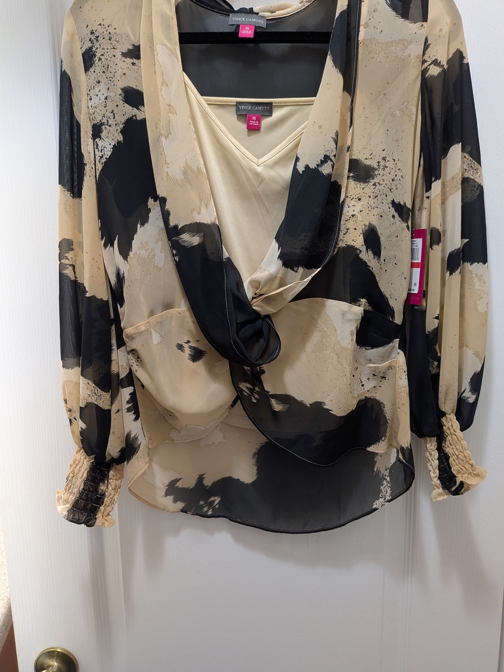 Vince Camuto Beige and Black Abstract Tie-Front Blouse